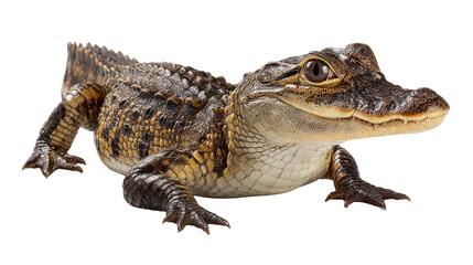 Naklejka premium Crocodile in the spotlight: A detailed photo of a crocodile, its skin textures and features, with a side profile, creating a visually interesting look.
