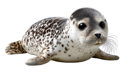 Charming Seal Pup: A captivating portrait of a young seal pup, its speckled fur and innocent gaze, embodies the purity of nature, it lays on a surface and staring at camera .