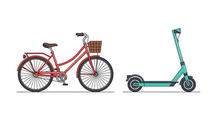 A red bicycle with a basket sits next to a blue scooter on a white background © Rohim