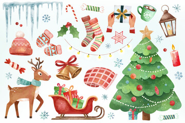 Christmas watercolor set. Reindeer, gifts, tree, sleigh, cocoa and lights. Hand drawn winter clipart. Xmas. Holiday magic time.