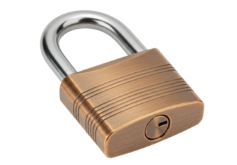 Antique bronze padlock isolated on transparent background, security lock for safety and protection