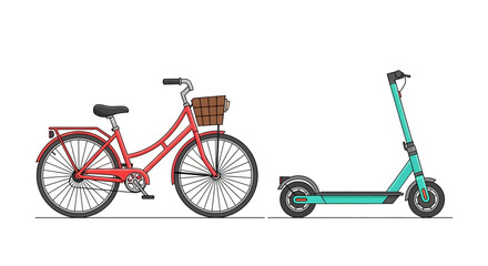 Fototapeta premium A red bicycle with basket a blue scooter stand sidebyside on a white surface