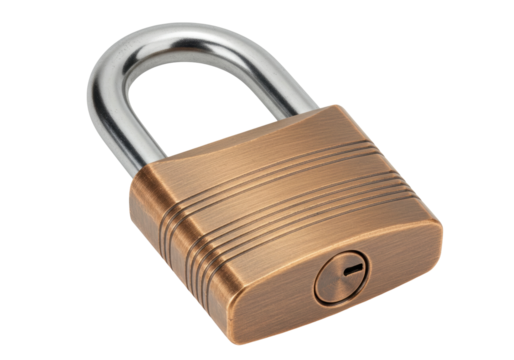 Antique bronze padlock isolated on transparent background, security lock for safety and protection