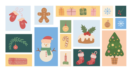 christmas icons set. Set of Hand drawn postage stamps Christmas tree, gifts, bow, gingerbread, baubles, candy. Vector illustration 