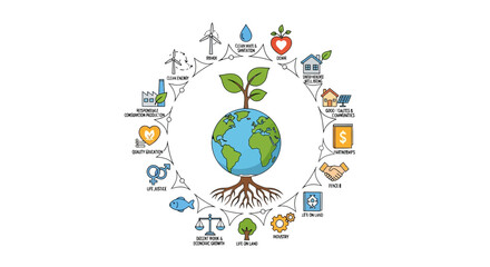 Earth globe with sprout and roots Icons surround the globe illustrating concepts for sustainable development © Rohim
