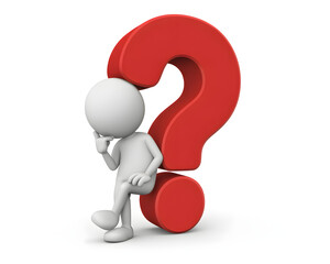 Confused white 3d character pondering big red question mark symbol confusion doubt inquiry seeking answers