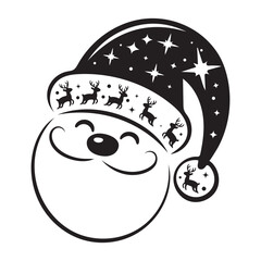 Whimsical Black and White Santa Claus Face with Starry Hat and Reindeer Silhouettes Christmas Vector Illustration