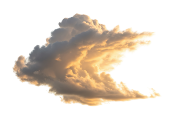 Golden cloud isolated on transparent background PNG, fluffy cumulus cloudscape with warm sunset light for weather forecast and design use