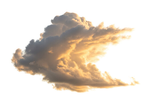 Golden cloud isolated on transparent background PNG, fluffy cumulus cloudscape with warm sunset light for weather forecast and design use