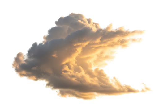 Golden cloud isolated on transparent background PNG, fluffy cumulus cloudscape with warm sunset light for weather forecast and design use