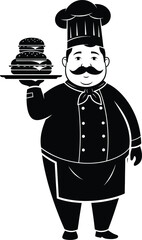 fat chef carrying a plate of burgers Vector illustration silhouette 