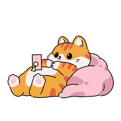 Cute orange cat lying on a pink cushion using smartphone, cozy and relaxed cartoon illustration with soft pastel tones.