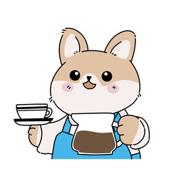 Cute cartoon corgi dog holding a coffee cup and saucer, cheerful cafe barista style illustration in flat vector design with clean lines and pastel colors.