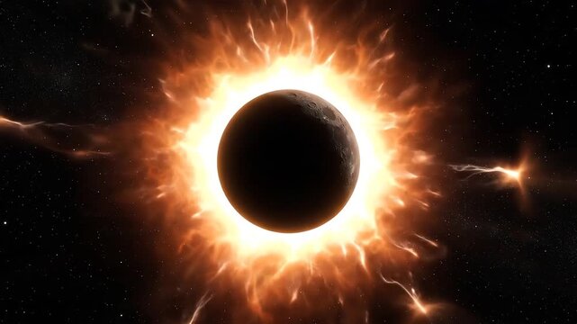Stunning Solar Eclipse with Fiery Corona Flares in Deep Space.