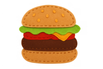 Felt toy cheeseburger on transparent background, representing comfort food and culinary play