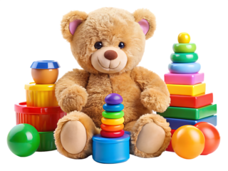 colorful toys with teddy bear isolated on white background , PNG. AI Generated.