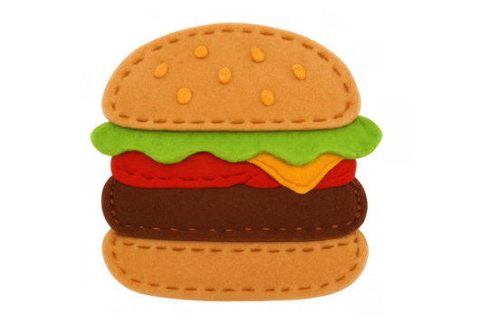 Felt toy cheeseburger on transparent background, representing comfort food and culinary play