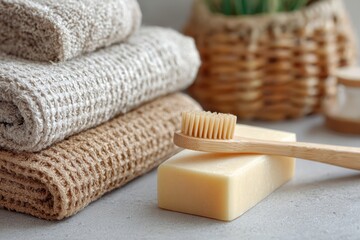 Eco-friendly bathroom setup with bamboo toothbrush and soap symbolizing sustainability and zero-waste living.