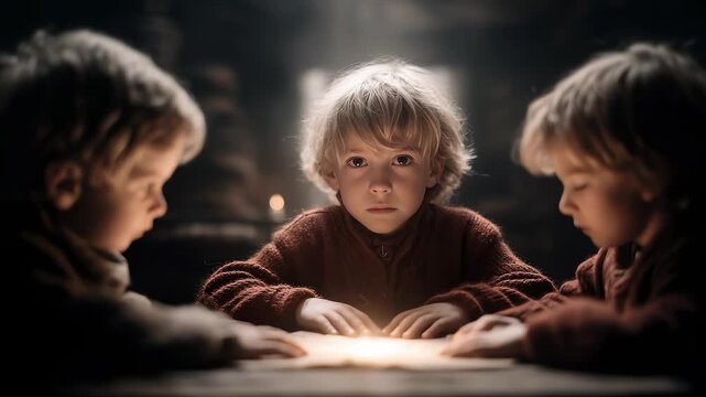Children gather around the table to explore the unknown world