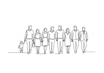 Family group silhouettes walking together isolated on transparent background