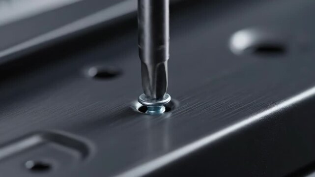 Tightening a screw with a screwdriver, close up of assembly or repair process on dark surface, home appliance maintenance footage