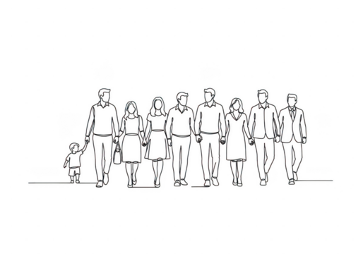 Family group silhouettes walking together isolated on transparent background