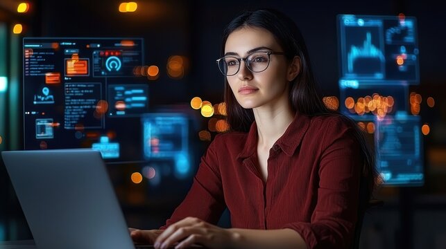 Woman Analyzing Data on Laptop with Digital Interface and City Lights