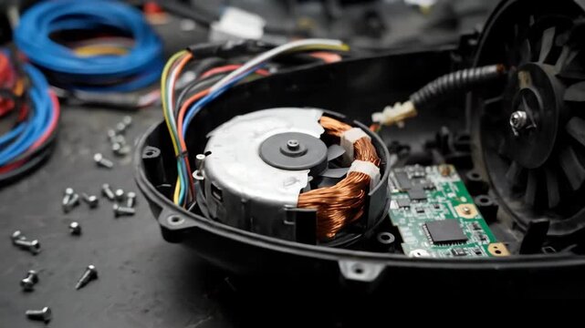 Internal components of a broken vacuum cleaner on a workbench. Household appliance repair, electronic device restoration, and technical maintenance.