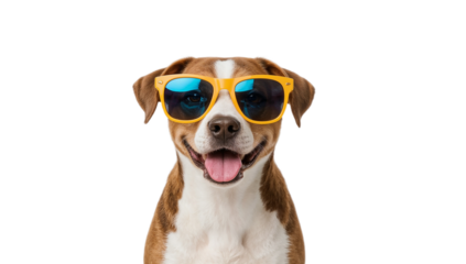 Adorable and happy brown and white dog wearing stylish yellow sunglasses, posing for a cool studio portrait on a clean white isolated background