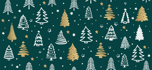 Christmas tree pattern on green background, Hand drawn illustrations.	
