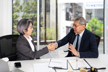 Lawyer and client engaging in handshake at modern office.