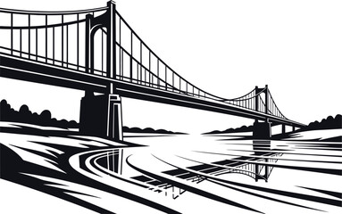 minimal bridge over the river  vector black and white 