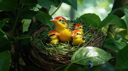Colorful Birds Nesting in Lush Greenery Surrounded by Leaves