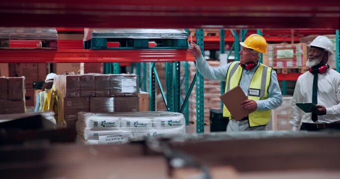 Tablet, supply chain and men in warehouse, conversation and teamwork with quality control. People, distribution and employees in factory, feedback and inspection with logistics, inventory and backlog