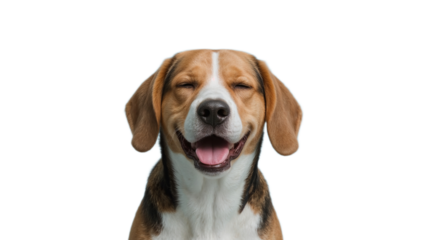 A joyful and happy beagle dog with its mouth open in a wide smile and eyes closed, appearing extremely pleased on a white background