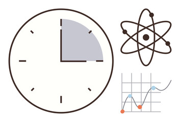 Clock with highlighted segment, atomic structure, and line graph representing science, research, planning, efficiency, education, data trends innovation. Ideal for simple flat metaphor