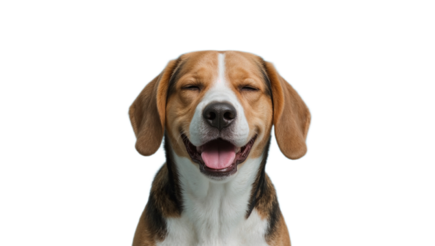 A joyful and happy beagle dog with its mouth open in a wide smile and eyes closed, appearing extremely pleased on a white background