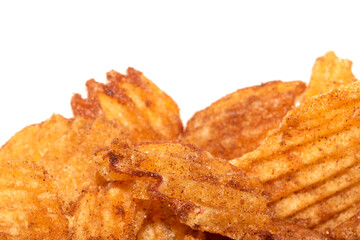 Close up of fresh crinkle cut seasoned crisps snack