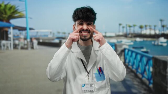 Young man smiling at seaside port in lab coat under blue sky with boats in background showing happiness and positivity outdoors with id badge visible