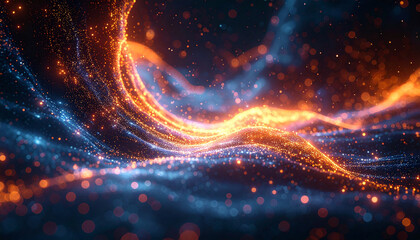 Glowing particle lights floating in dark space, futuristic abstract background with motion. No people, no text, no watermark.