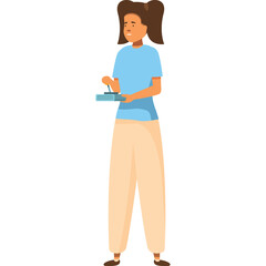 Young Girl Holding a Game Controller Standing Against a Transparent Background Wearing a Light Blue T Shirt and Light Peach Pants and Brown Shoes