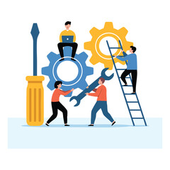 Teamwork fixing gears with tools and laptop on white background wrench