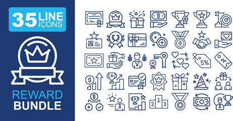Reward Set of Web Icons in Line Style. Collection of 35 linear icons representing various reward concepts, including gift, trophy, recognition, reward program, medal, bonus, achievement, and more. Edi