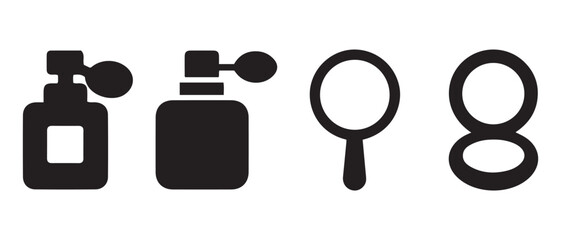 Beauty Icon Set. Perfume Bottles, Mirror, and Eyeglasses Silhouettes.