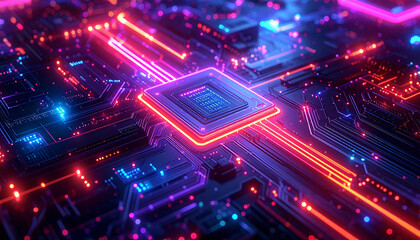 Glowing futuristic circuit board texture with neon lights, cyber abstract background. No people, no text, no watermark.