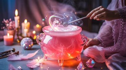 Glam witch brewing potion in a glowing pink crystal cauldron with neon mist and sparkles