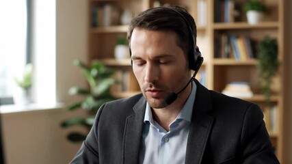Businessman wearing a headset talking on a video call. Customer service agent consulting a client online. Remote work and virtual communication concept - Powered by Adobe