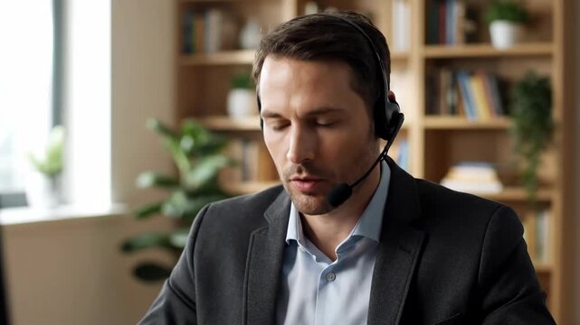 Businessman wearing a headset talking on a video call. Customer service agent consulting a client online. Remote work and virtual communication concept