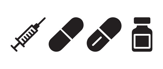 Medical Icon Set. Syringe, Pills, and Medicine Bottle Silhouettes for Healthcare Design.