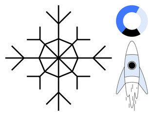 Geometric snowflake, circular chart with blue, black, and white, and launching rocket symbolize innovation, growth, exploration, technology, analytics strategy and progress in a simple flat